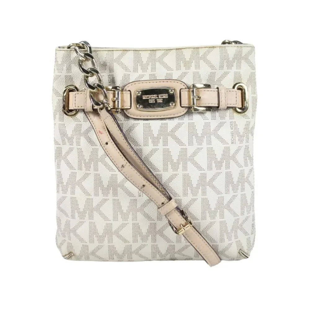 Michael Kors Womens Leather Signature Logo Crossbody Handbag  White Gold